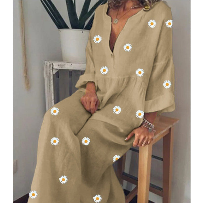 Damen Langes Leinenoptik Maxikleid mit tiefem V‑Ausschnitt, lockerer Empire‑Taillierung und Margeritenprint Shop Nory