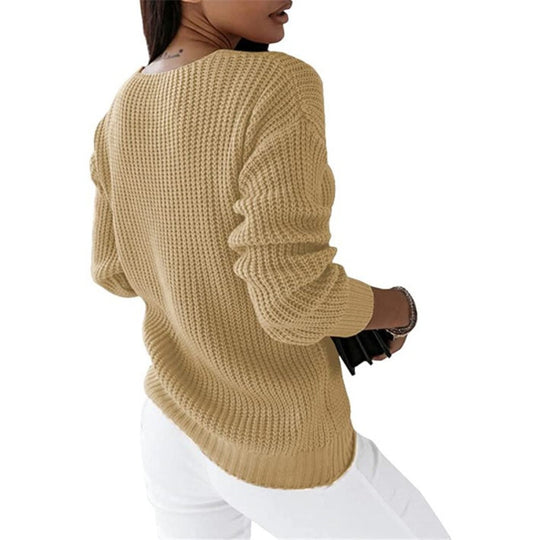 Damen nan grob gestrickter V-Ausschnitt Pullover mit Zopfmuster und lockerer Silhouette Shop Nory