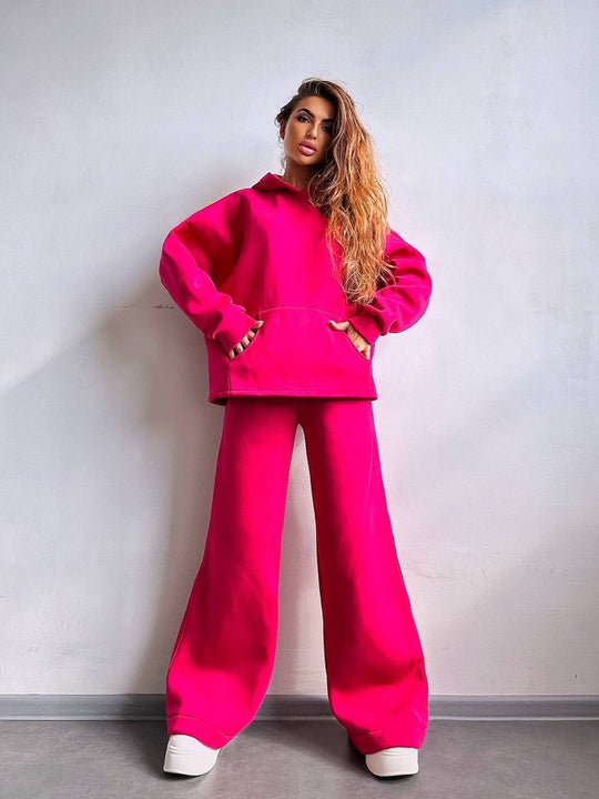 Damen Scuba-Fleece Lounge-Set mit Oversize-Kapuzenpullover und weiter Flare-Hose Shop Nory