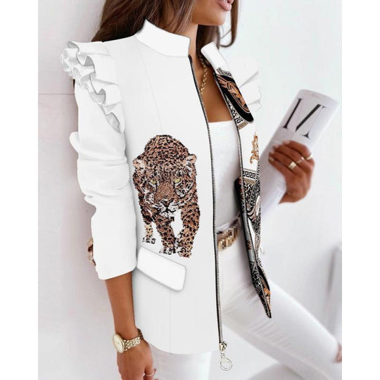 Damen Leoprint-Statement-Jacke mit Rüschen-Schulter und Reißverschluss Shop Nory