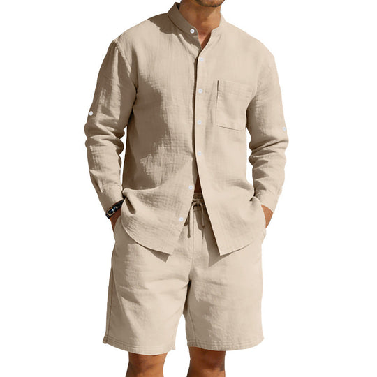 Herren nan sommerliches Leinen-Set mit Stehkragenhemd und Kordelzug-Kurzhose