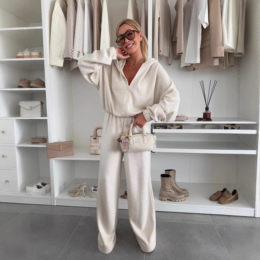 Damen Loungewear-Anzug aus weichem Fleece mit Kapuze und weitem Schnitt Shopnory