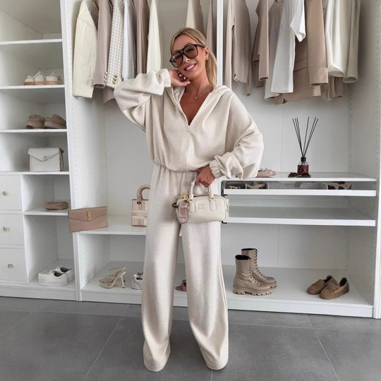 Damen Loungewear-Anzug aus weichem Fleece mit Kapuze und weitem Schnitt Shopnory