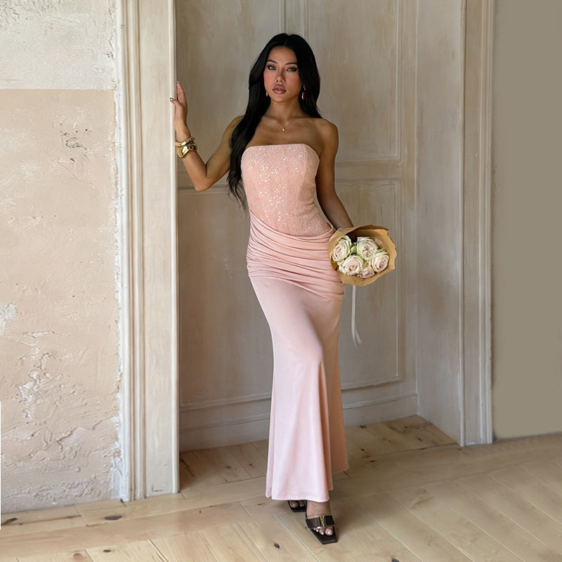 Damen Elegantes langes Abendkleid mit figurschmeichelndem Rüschendesign und schimmernden Pailletten Shopnory