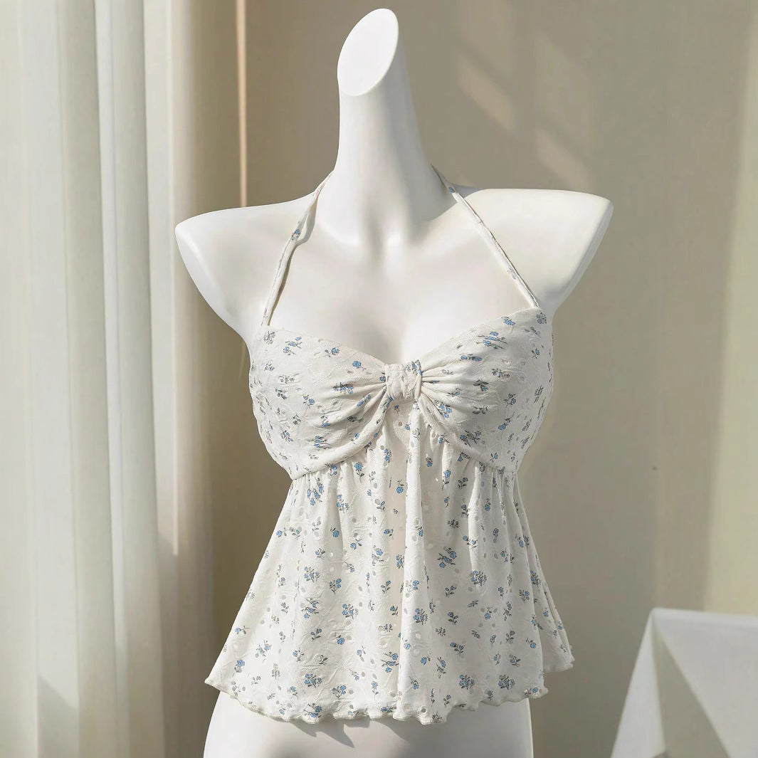 Damen romantisches Strandtop mit floralem Design und verspieltem Knoten
