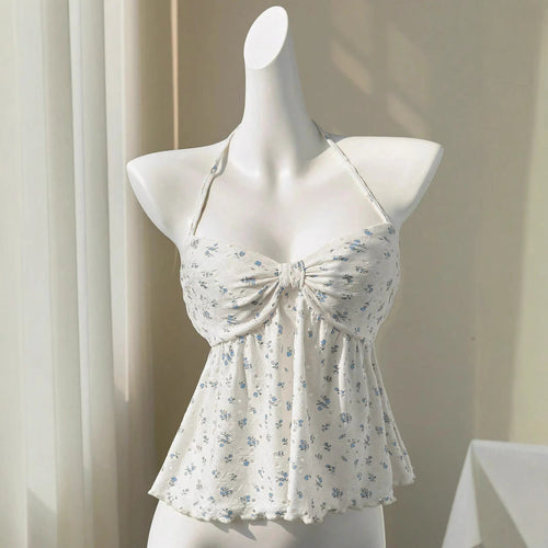 Damen romantisches Strandtop mit floralem Design und verspieltem Knoten