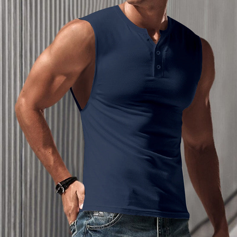 Herren nan ärmelloses Muskelshirt mit Henley-Knopfleiste, tiefem Armausschnitt und elastischem Baumwollmix