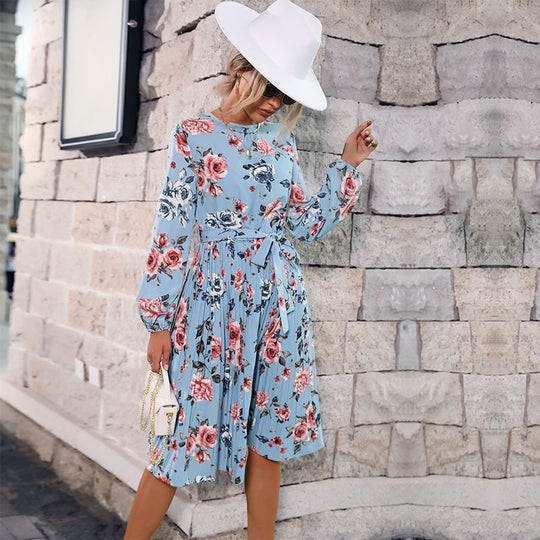 Damen Plissiertes Midikleid mit langen Ärmeln, Taillengürtel und floralem Print Shop Nory