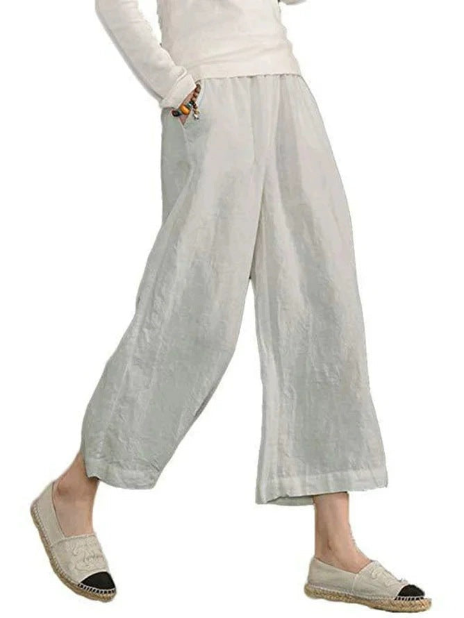 Damen weite Leinenhose mit seitlichen Taschen und elastischem Bund