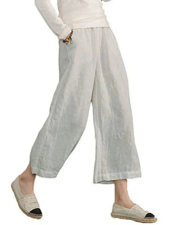 Damen weite Leinenhose mit seitlichen Taschen und elastischem Bund