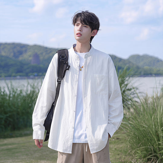 Herren Oversize-Hemd aus leichtem Baumwollmix mit Mandarinkragen und Brusttasche Shop Nory