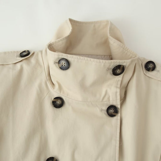 Damen Kurzjacke im Trenchstil, doppeltreihig mit hohem Stehkragen und Taillensmock Shop Nory