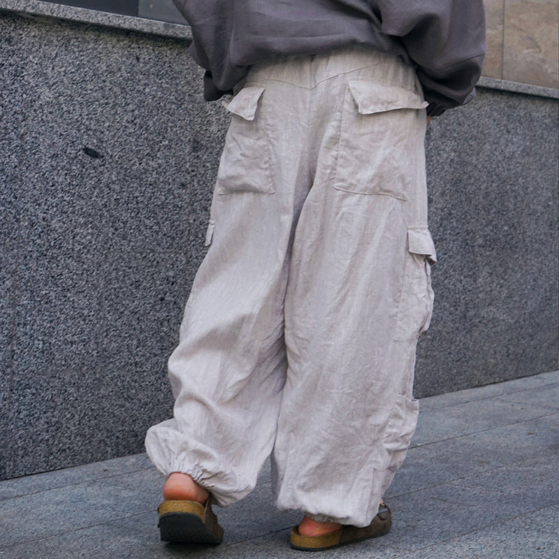 Herren Weite Leinen-Cargohose mit elastischem Bund, Falten und aufgesetzter Seitentasche Shop Nory