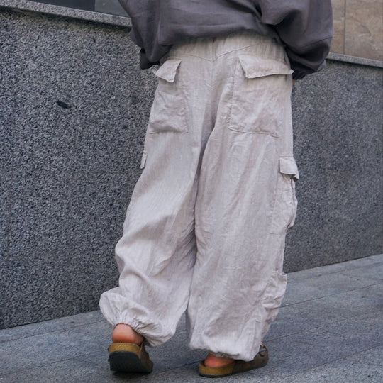 Herren Weite Leinen-Cargohose mit elastischem Bund, Falten und aufgesetzter Seitentasche Shop Nory