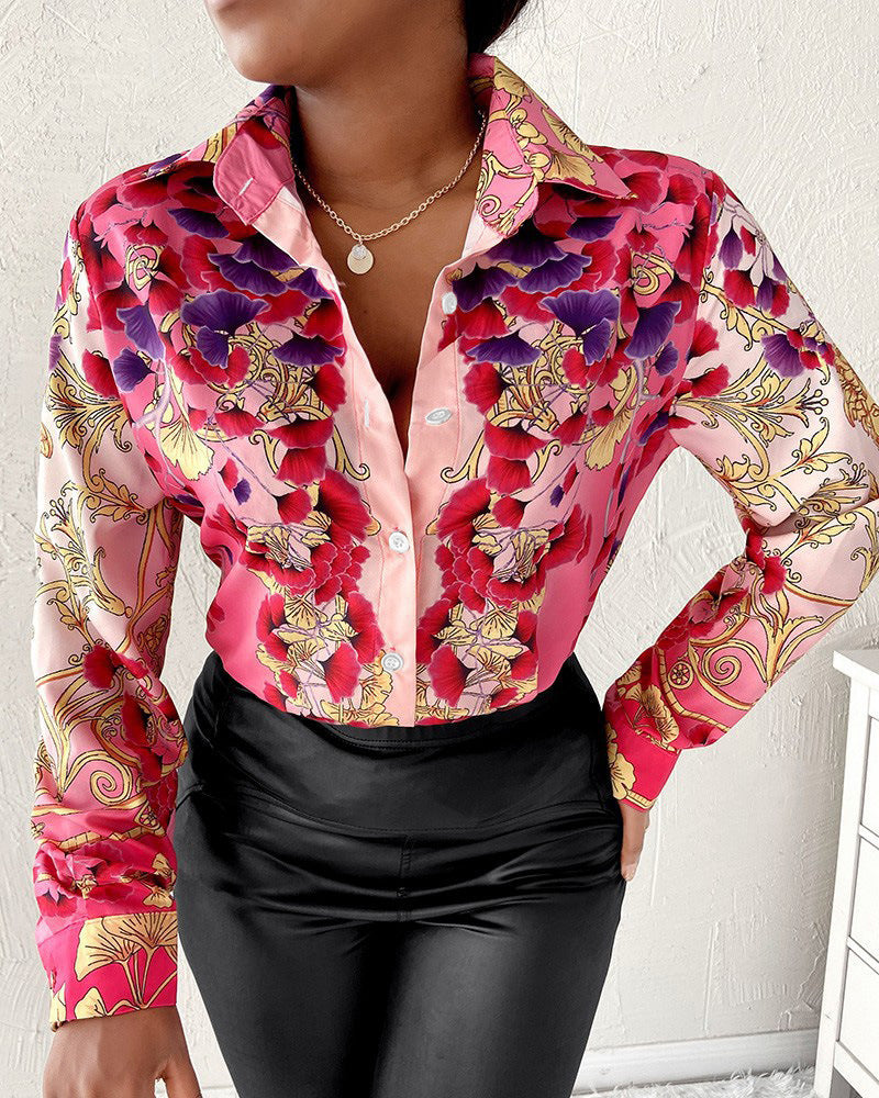 Damen Schicke Druckbluse mit modischem Kragen und figurbetonendem Schnitt Shopnory