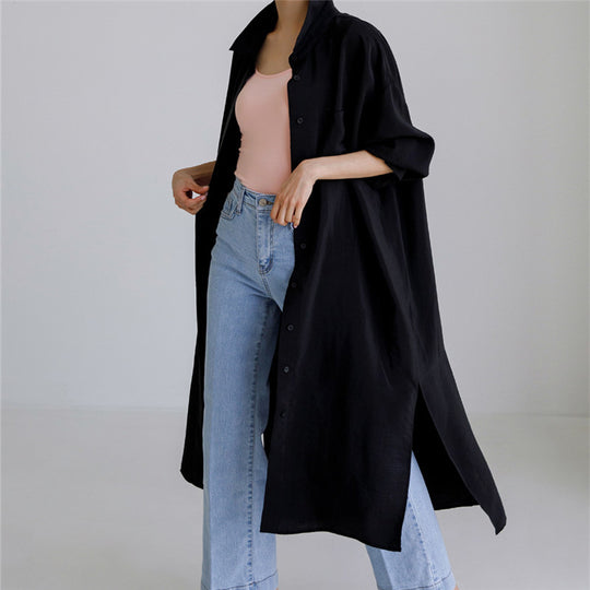 Damen Weites Oversize-Hemdblusenkleid mit Brusttasche und hohen Seitenschlitzen Shop Nory