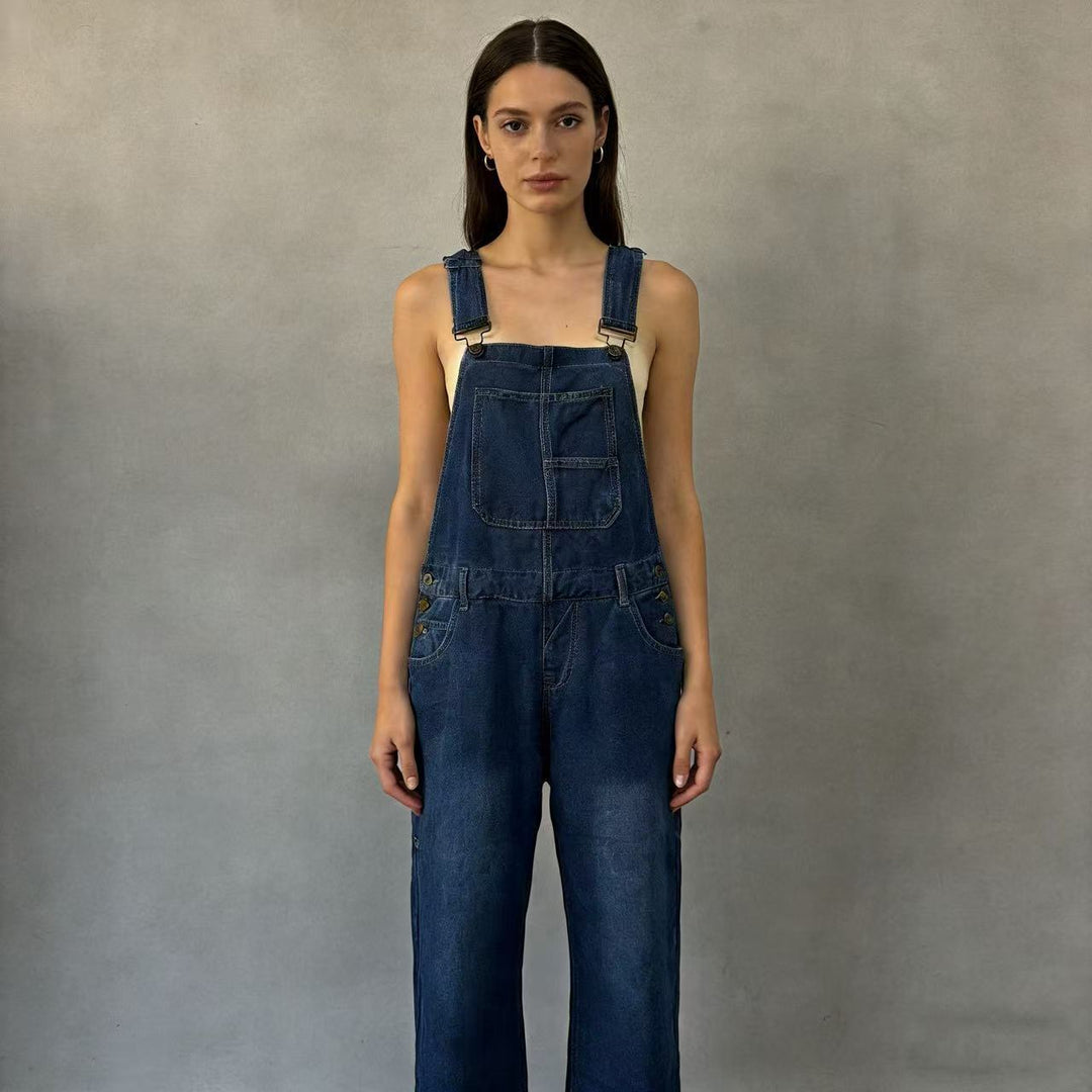 Damen Jeans Latzhose mit weitem Bein und tiefem Rückenausschnitt