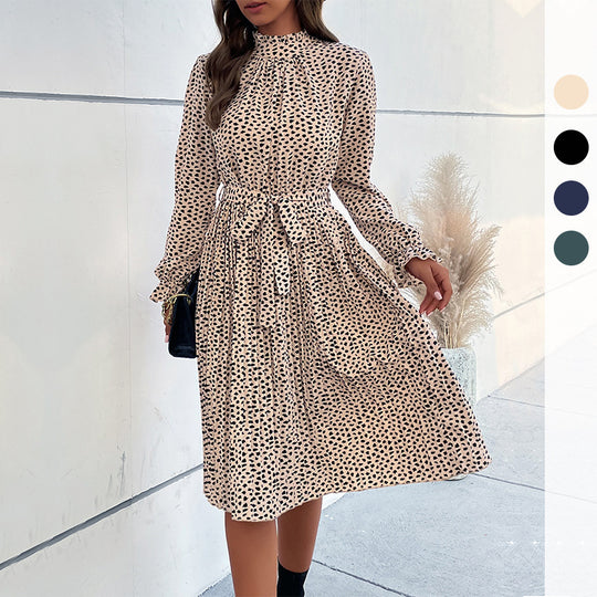 Damen Midikleid mit Stehkragen, geraffter Passe und Bindegürtel Shop Nory
