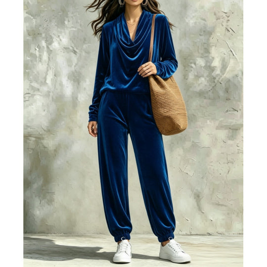 Damen Samt-Lounge-Set mit Wasserfallkragen und Jogger-Hose Shop Nory