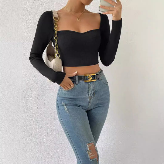 Damen Figurbetontes geripptes Kurzshirt mit herzförmigem Ausschnitt Shop Nory