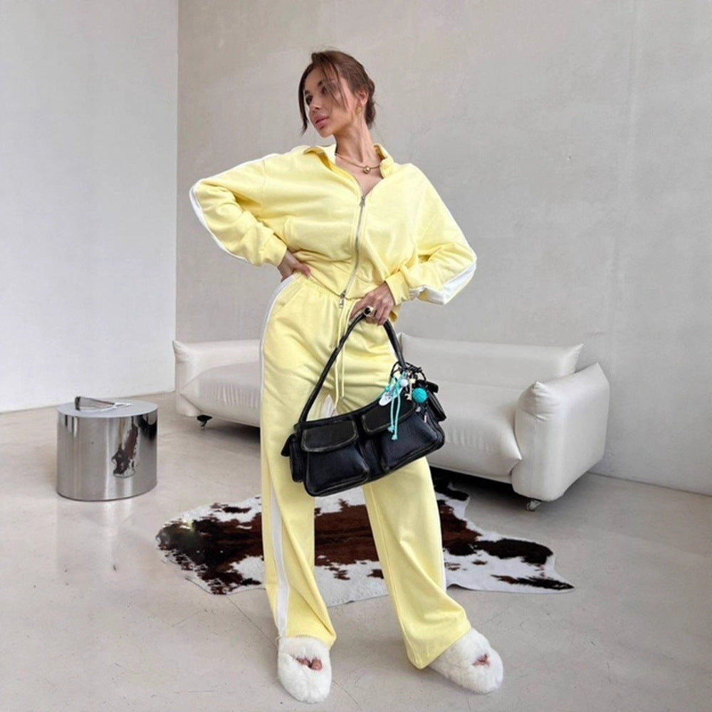 Damen weites Zip-Sweatset mit Kapuze, hohen Bund und seitlichem Kontraststreifen Shop Nory