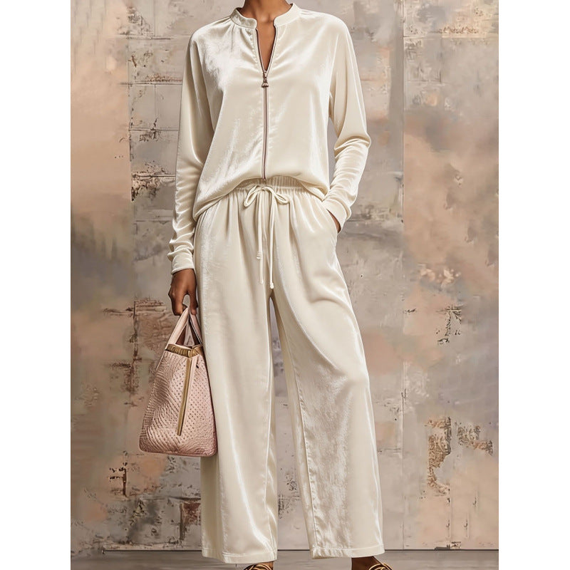 Damen Samt-Lounge-Set mit Stehkragen, Halbreißverschluss und weitem Palazzohose Shop Nory