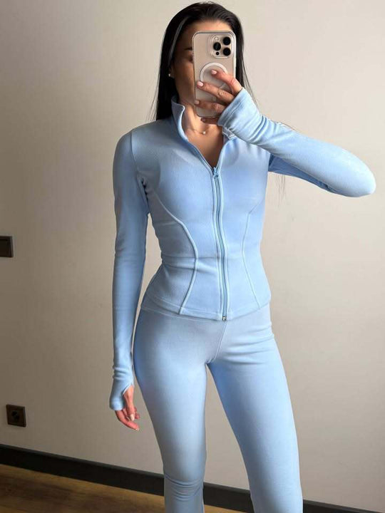 Damen Figurbetontes Freizeit-Set mit Reißverschlussjacke und taillenhohen Leggings aus Stretch mit Daumenlöchern Shop Nory