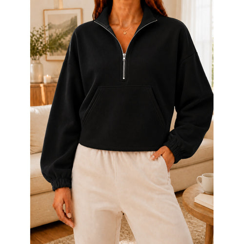 Damen Kurz geschnittener Sweatshirt-Pullover mit halbem Reißverschluss und Kängurutasche Shop Nory