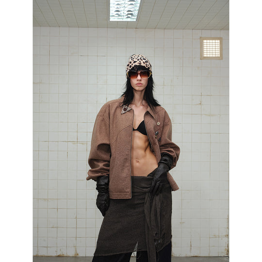 Unisex Kastig geschnittene Baumwoll‑Leinen Blousonjacke mit dekorativer Knopf‑Applikation Shop Nory