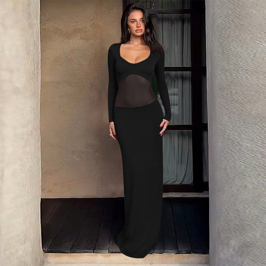 Damen Figurbetontes Maxikleid mit transparenten Mesh-Einsätzen und tailliertem Stretchrock Shop Nory