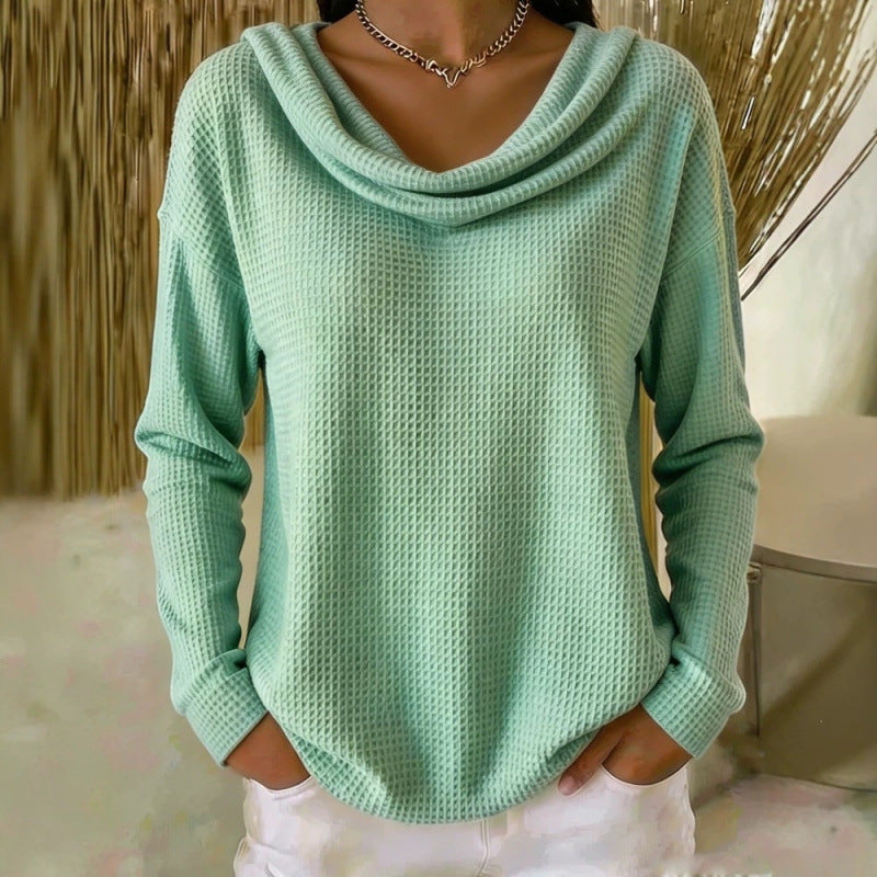 Damen Lässiger Waffelstrick-Pullover mit weitem Wasserfallkragen und gerundetem Saum Shop Nory