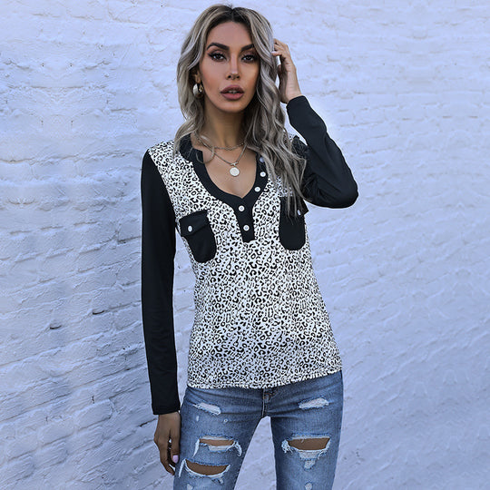 Damen Langarmshirt im Animal-Print mit kontrastierenden Ärmeln, Knopfleiste und Brusttaschen Shop Nory