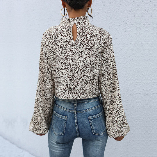Damen Kurzbluse mit Drehfront, Stehkragen, Ballonärmeln und Animal‑Muster Shop Nory
