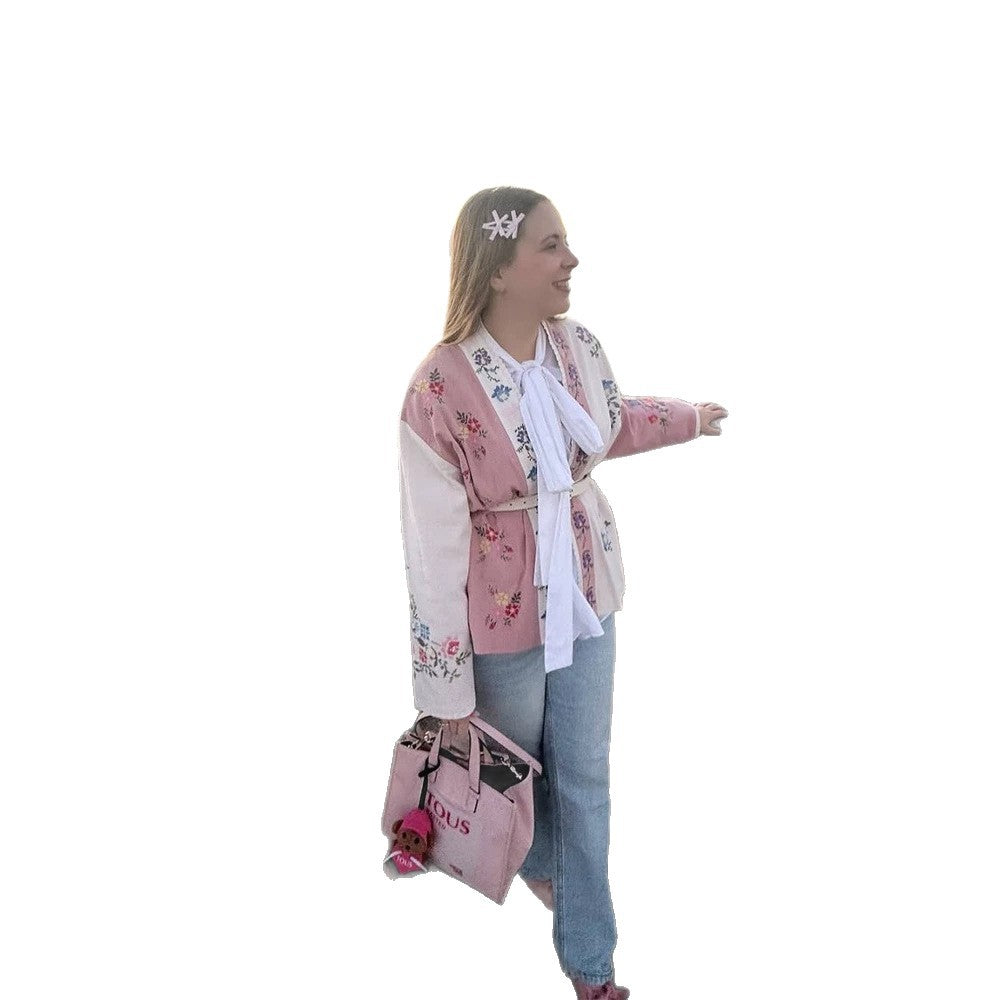 Damen Bestickte leichte Kimono-Jacke mit floralen Applikationen und offenem Fall Shop Nory