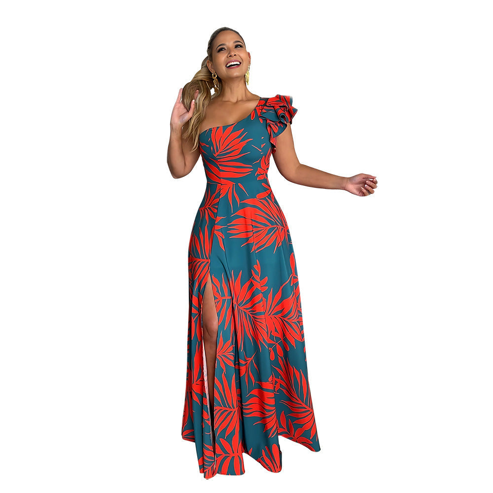 Damen Maxikleid mit asymmetrischen Rüschen und hohem Schlitz