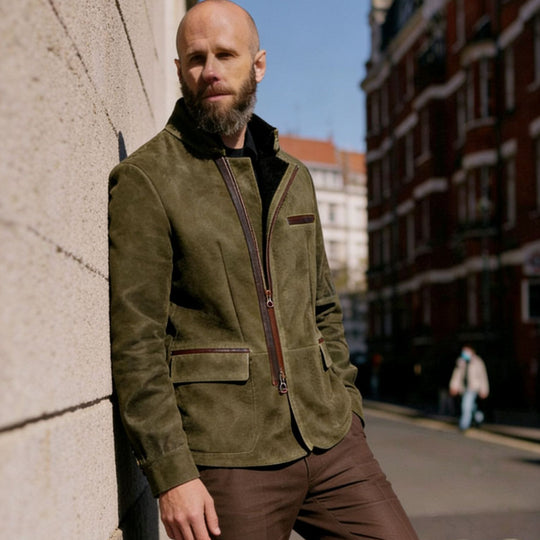 Herren Lederjacke mit hohem Stehkragen und asymmetrischem Zweiwege-Reißverschluss Shop Nory