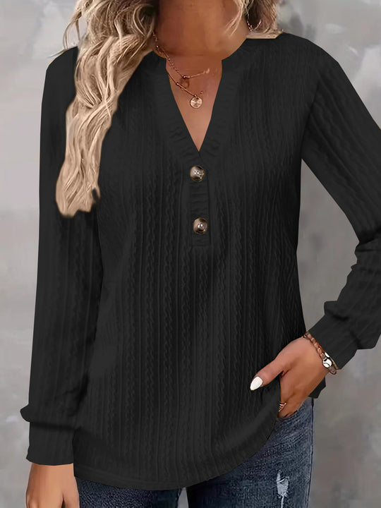 Damen Strukturiertes V‑Neck Langarmshirt mit Zierknopfleiste Shop Nory