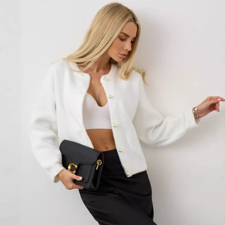 Damen Flauschiger Strick cardigan mit Perlenknöpfen Shop Nory