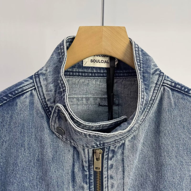 Herren Relaxed Denim-Utility-Jacke mit Stehkragen und kontrastierter Brusttasche Shop Nory