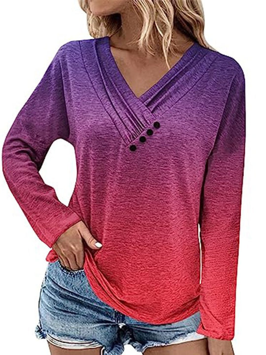 Damen Gerippter V-Ausschnitt Pullover mit Farbverlauf, Zierknöpfen und legerer Passform Shop Nory
