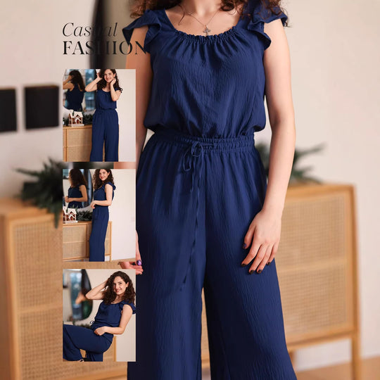Damen Crinkle-Overall mit weitem Bein, elastischem Taillenbund und Rüschenärmeln Shop Nory