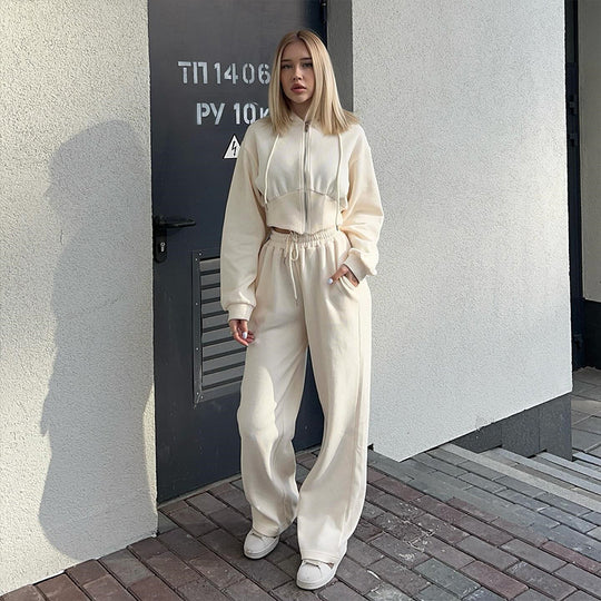 Damen kurzes Reißverschluss-Cropped-Hoodie mit hoher Bund Palazzo-Jogginghose Set Shop Nory
