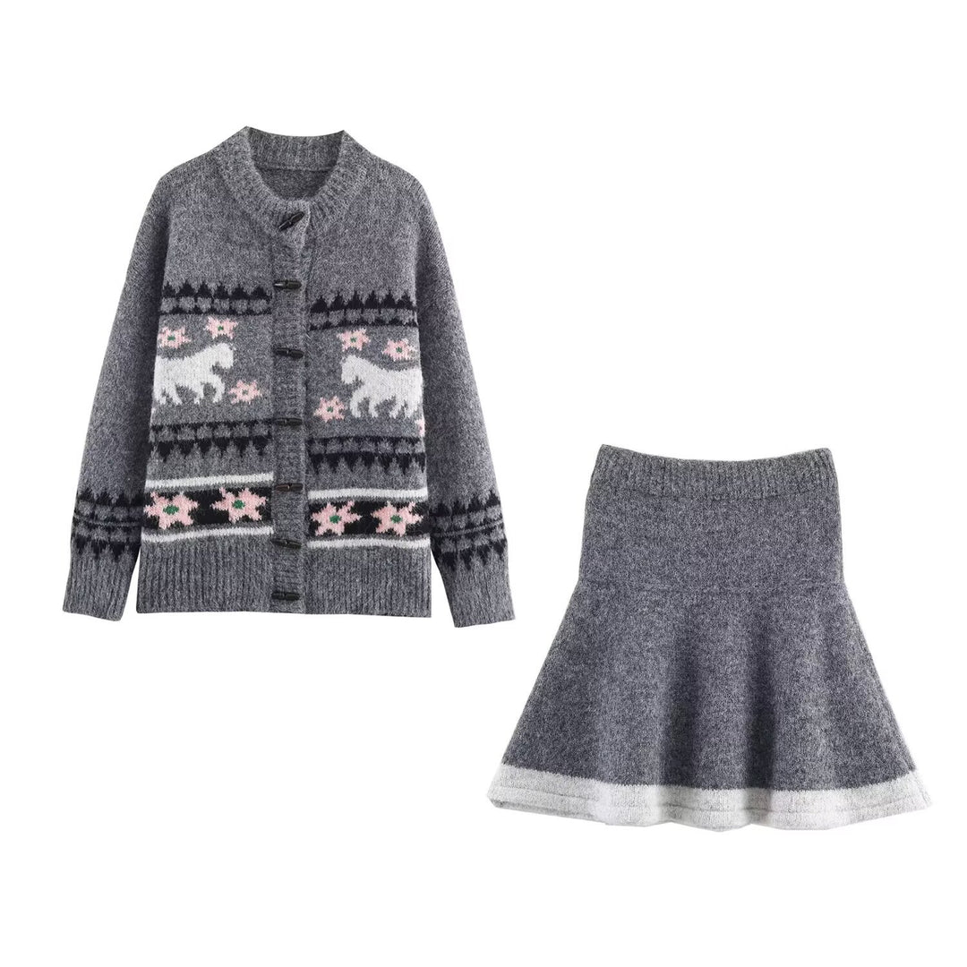 Damen Zweiteiliges Strick-Set mit Norwegermuster-Cardigan und ausgestelltem Rock Shop Nory