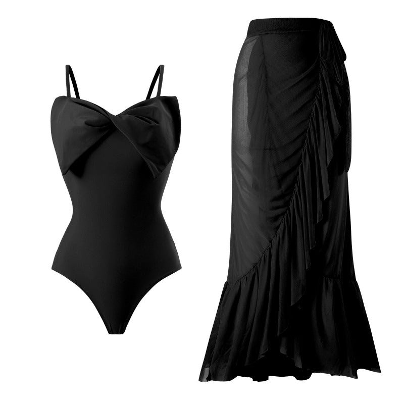 Damen Einteiler Badeanzug mit stylischem Wickelrock und glamourösem Schleifendetail Shopnory