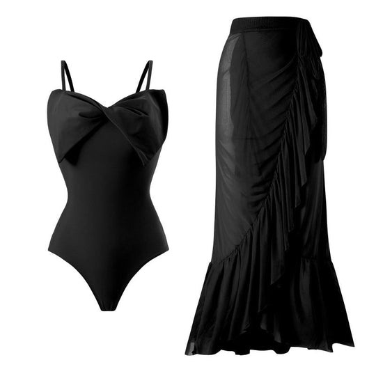Damen Einteiler Badeanzug mit stylischem Wickelrock und glamourösem Schleifendetail Shopnory