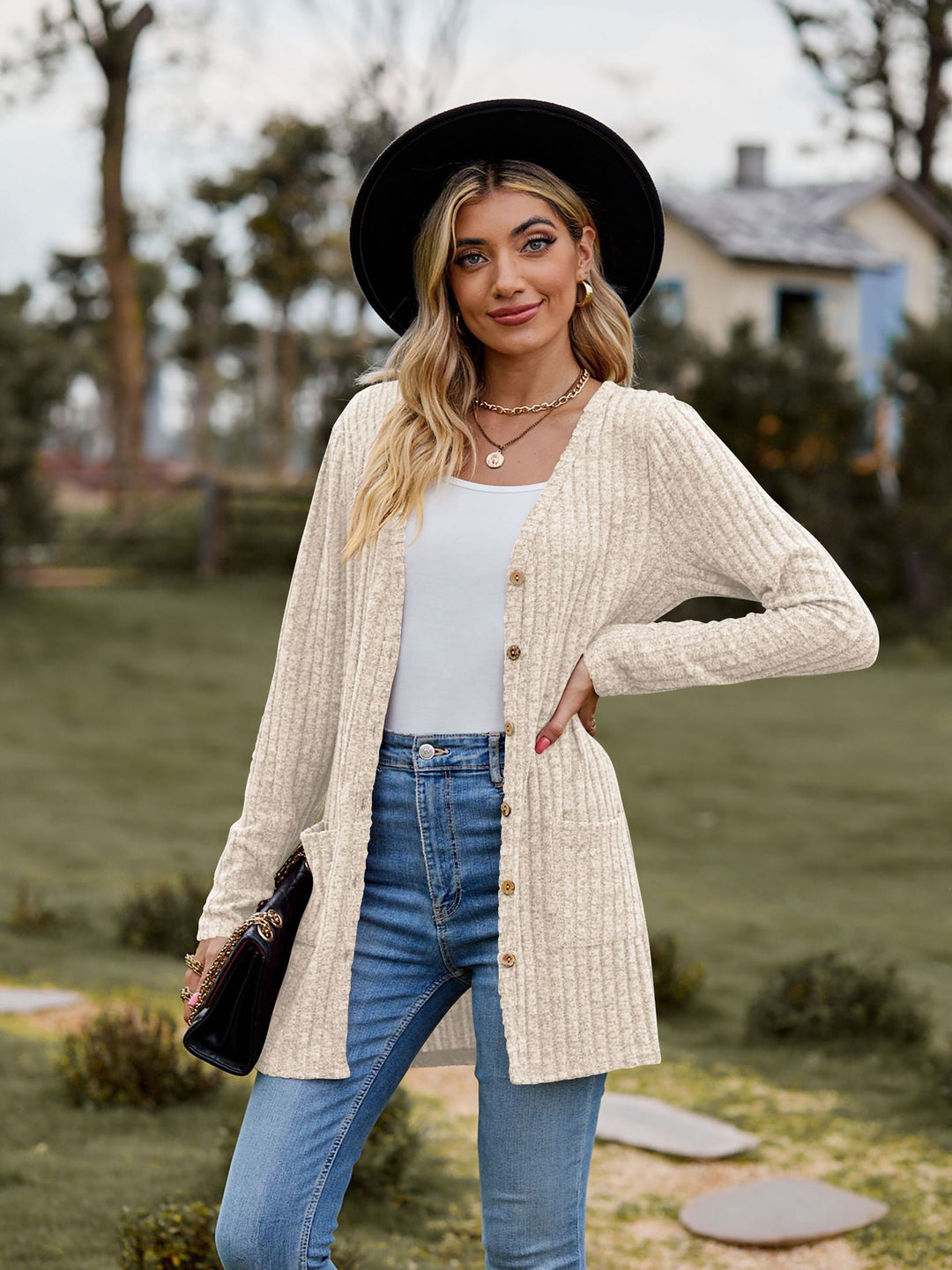 Damen Lang geschnittene Rippstrick‑Cardigan mit Knopfleiste und Eingrifftaschen Shop Nory