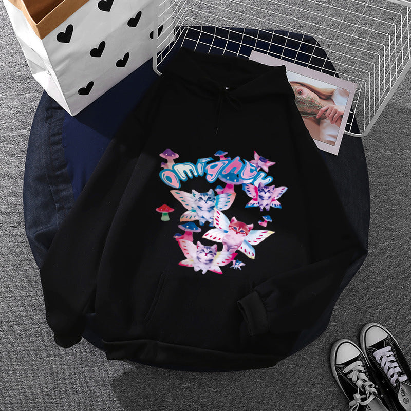 Damen nan Kapuzenpullover mit verspieltem Katzen‑Schmetterlings-Print und Kängurutasche Shop Nory