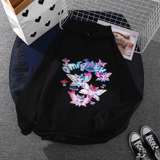 Damen nan Kapuzenpullover mit verspieltem Katzen‑Schmetterlings-Print und Kängurutasche Shop Nory