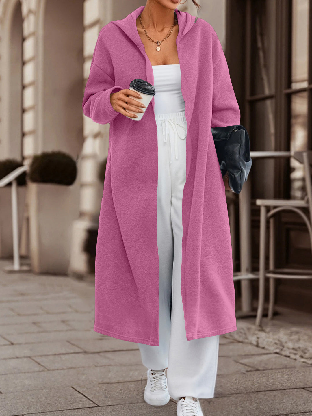Damen Langer Oversize Kapuzenmantel mit offener Front und weichem Fleece Shop Nory
