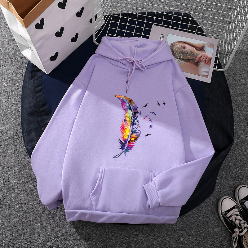 Damen nan Kapuzenpullover mit künstlerischem Aquarell‑Federmotiv, Oversize‑Schnitt und Kängurutasche Shop Nory